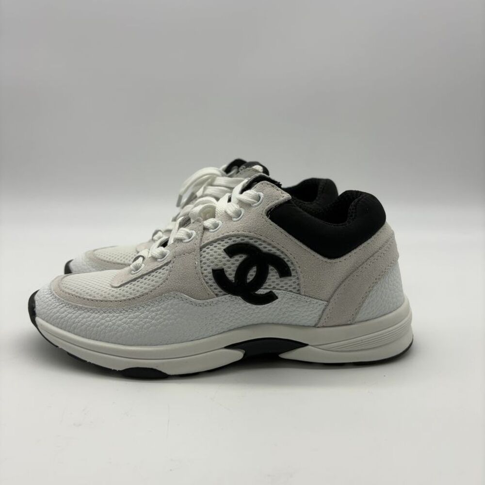 CHANEL White & Black Mesh Leather Sneakers for Women - Picture 4 of 9